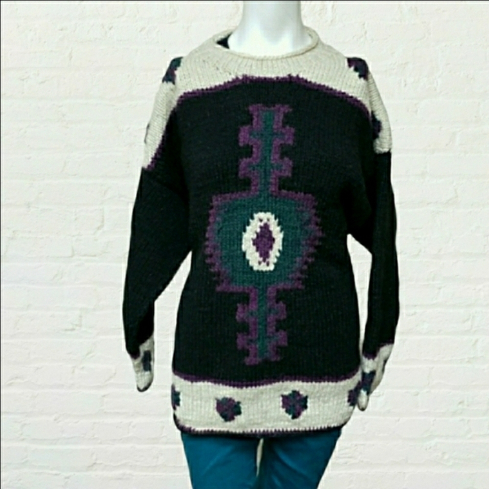 Vintage xlarge black white western aztec tribal eye wool knit sweater